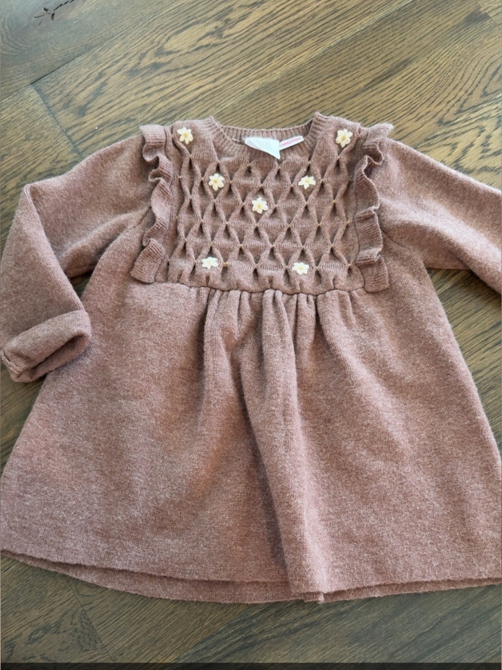 Zara Mauve/Brown ish Knit Dress with Floral Appliqués 12-18 months